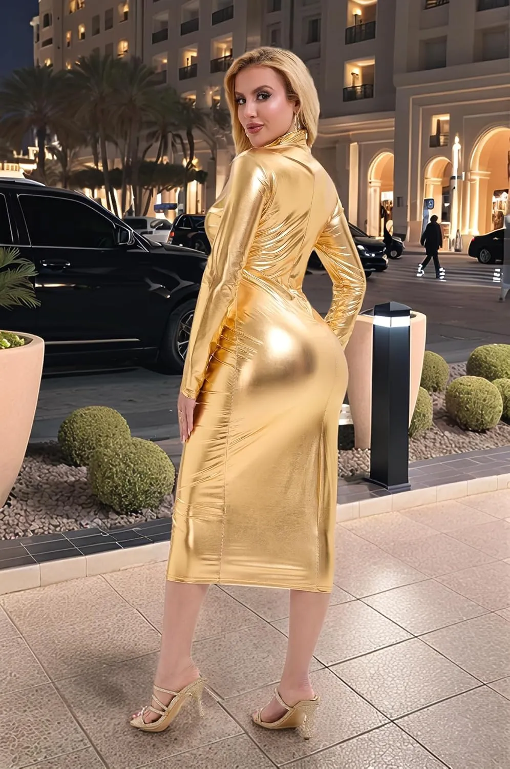 Metallic Bodycon Dress for Women Stretchy Long Sleeve High Neck Shiny Sexy Dresses for Party Club Formal