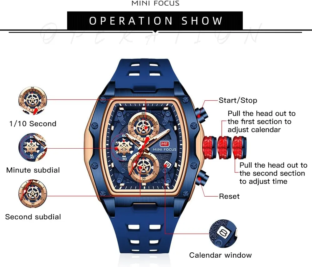 MF MINI FOCUS Men Watches Unique Casual Wrist Watches (Chronograph/Waterproof/Luminous/Calendar) Silicon Band Fashion Watches for Men