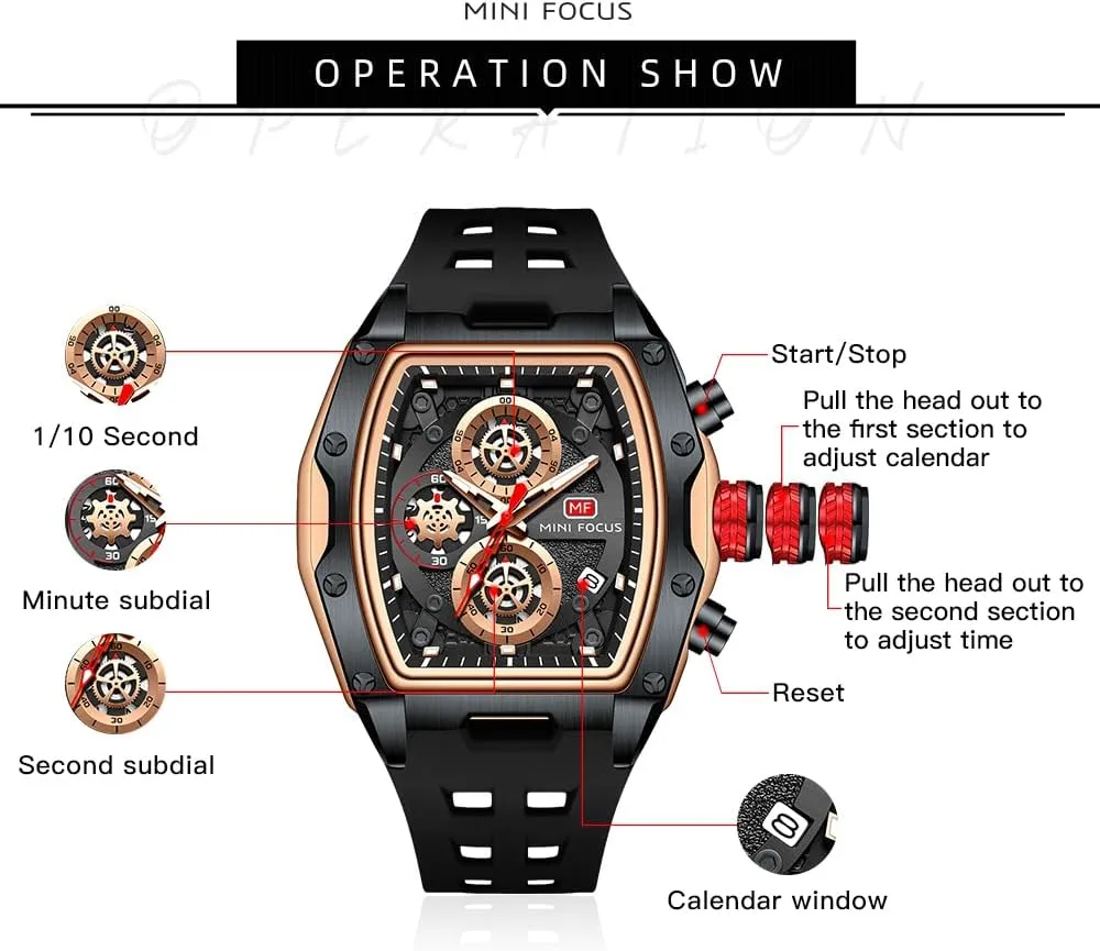 MF MINI FOCUS Men Watches Unique Casual Wrist Watches (Chronograph/Waterproof/Luminous/Calendar) Silicon Band Fashion Watches for Men