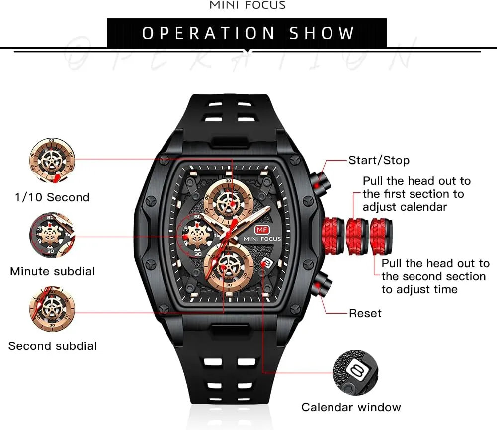 MF MINI FOCUS Men Watches Unique Wrist Watches (Chronograph/Waterproof/Luminous/Calendar) Soft Silicon Band Fashion Watches for Men