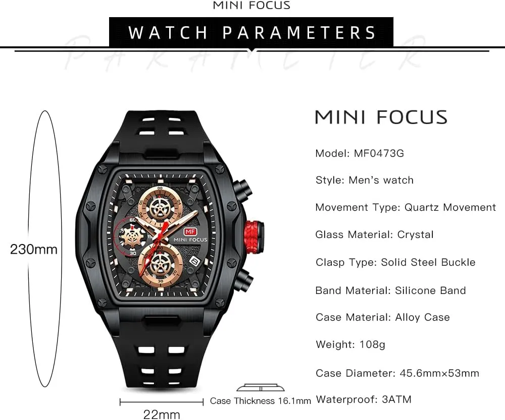 MF MINI FOCUS Men Watches Unique Wrist Watches (Chronograph/Waterproof/Luminous/Calendar) Soft Silicon Band Fashion Watches for Men