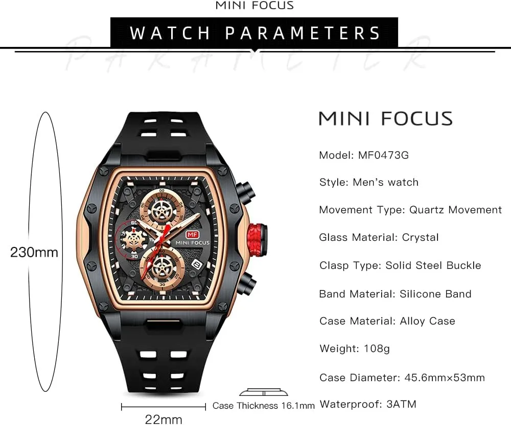 MF MINI FOCUS Men Watches Unique Wrist Watches (Chronograph/Waterproof/Luminous/Calendar) Soft Silicon Band Fashion Watches for Men