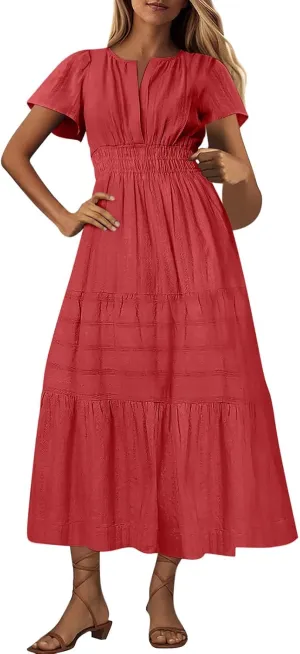 Midi Dress for Women Spring Summer Dressy Casual Vacation Dresses Short Sleeve Boho Trendy Restro Wear Clothes