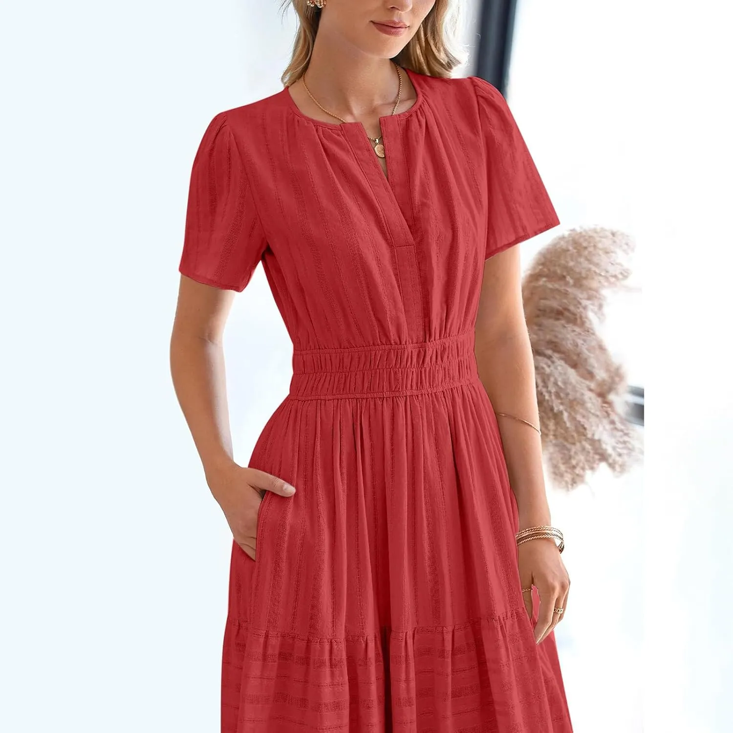 Midi Dress for Women Spring Summer Dressy Casual Vacation Dresses Short Sleeve Boho Trendy Restro Wear Clothes