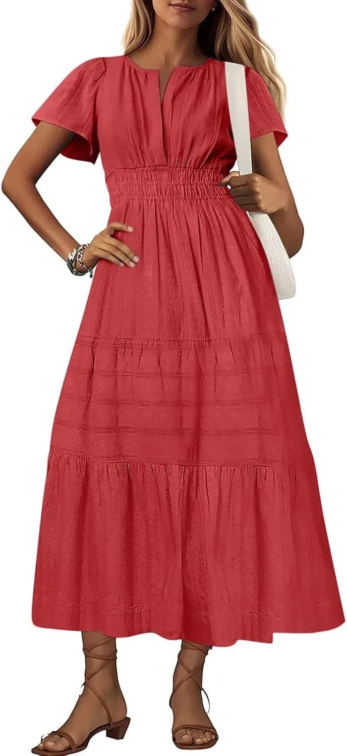 Midi Dress for Women Spring Summer Dressy Casual Vacation Dresses Short Sleeve Boho Trendy Restro Wear Clothes
