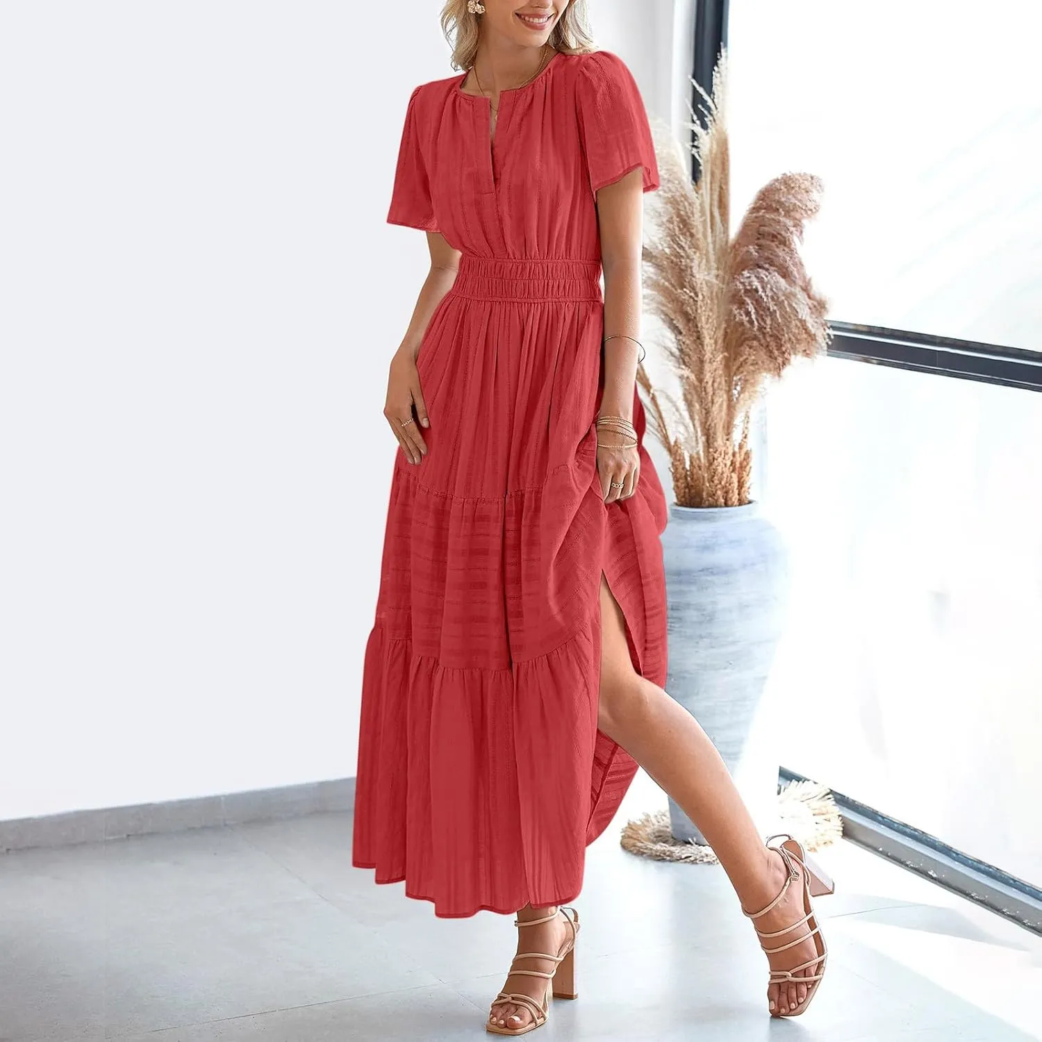 Midi Dress for Women Spring Summer Dressy Casual Vacation Dresses Short Sleeve Boho Trendy Restro Wear Clothes