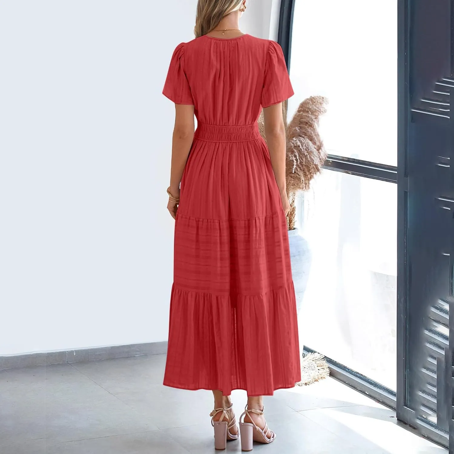 Midi Dress for Women Spring Summer Dressy Casual Vacation Dresses Short Sleeve Boho Trendy Restro Wear Clothes
