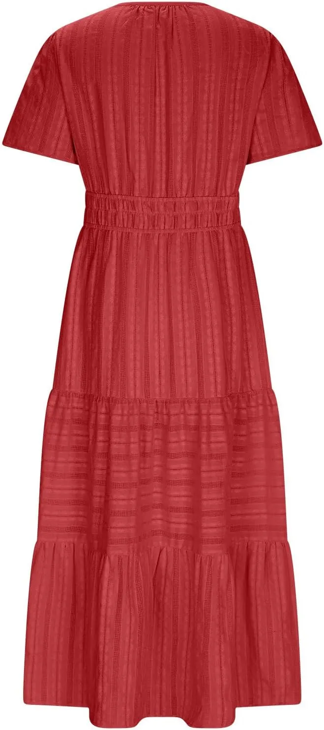 Midi Dress for Women Spring Summer Dressy Casual Vacation Dresses Short Sleeve Boho Trendy Restro Wear Clothes