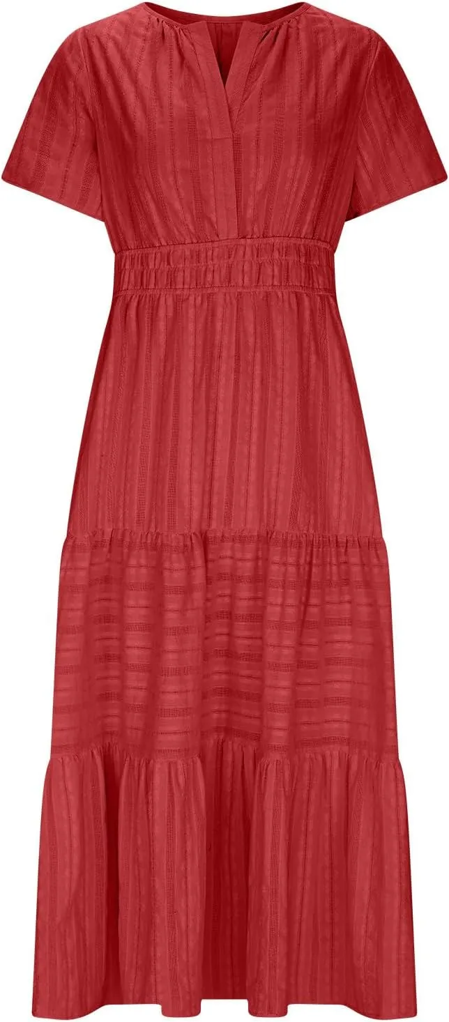 Midi Dress for Women Spring Summer Dressy Casual Vacation Dresses Short Sleeve Boho Trendy Restro Wear Clothes
