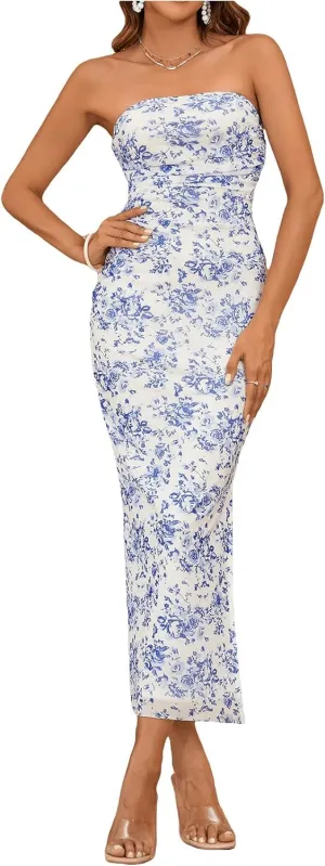 Milumia Women's Summer Disty Floral Bodycon Maxi Dress Boho Strapless Mesh Tube Dresses