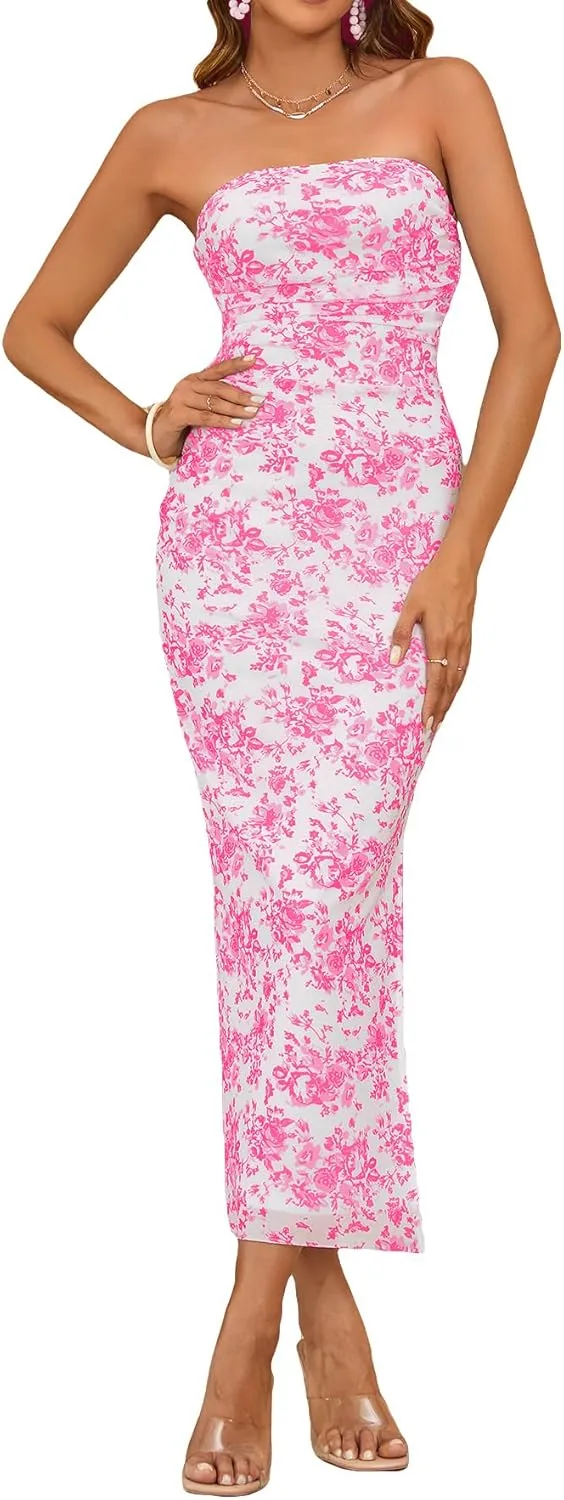 Milumia Women's Summer Disty Floral Bodycon Maxi Dress Boho Strapless Mesh Tube Dresses