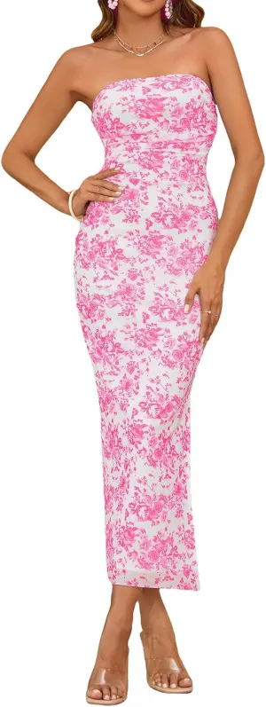 Milumia Women's Summer Disty Floral Bodycon Maxi Dress Boho Strapless Mesh Tube Dresses