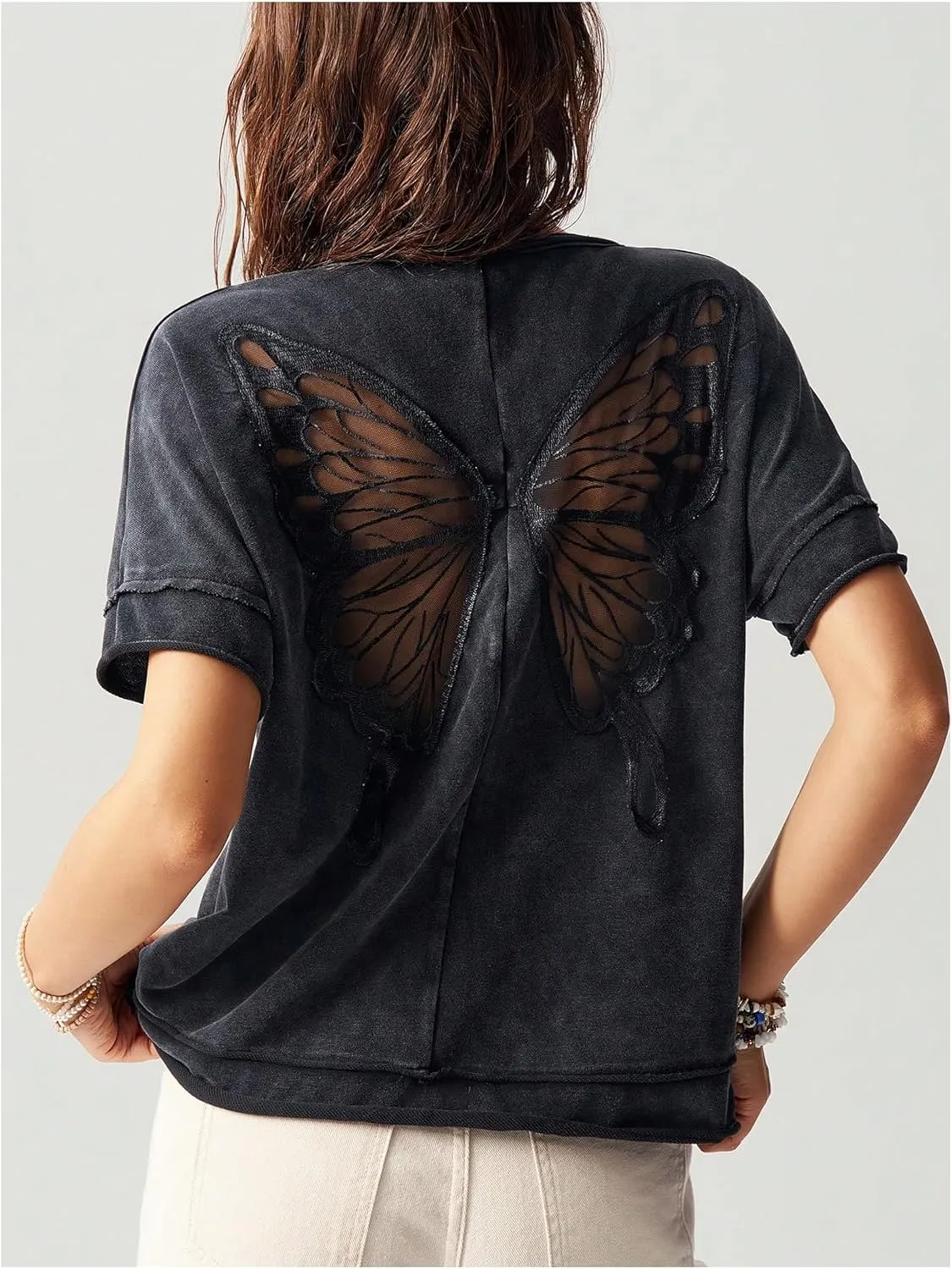 Milumia Women's Vintage Butterfly Sheer T-Shirt Short Sleeve Cut Out Back Loose Tee Tops