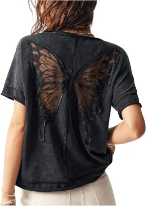 Milumia Women's Vintage Butterfly Sheer T-Shirt Short Sleeve Cut Out Back Loose Tee Tops