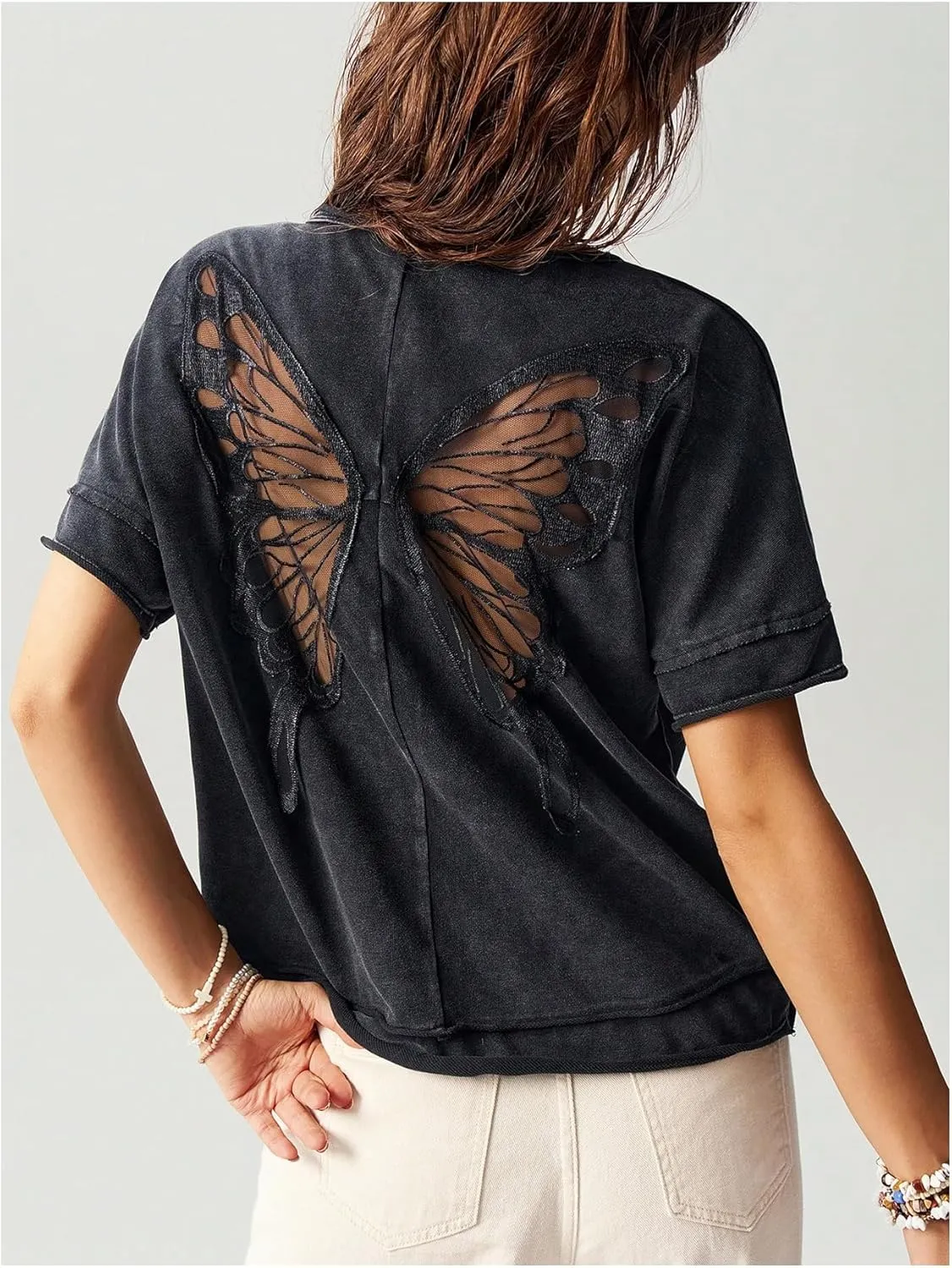 Milumia Women's Vintage Butterfly Sheer T-Shirt Short Sleeve Cut Out Back Loose Tee Tops