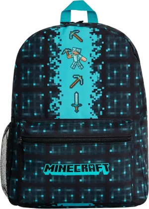 Minecraft Kids School Backpack with Zipped Front Pocket for Sports, Gym, Travel - Gamer Gifts (Blue)