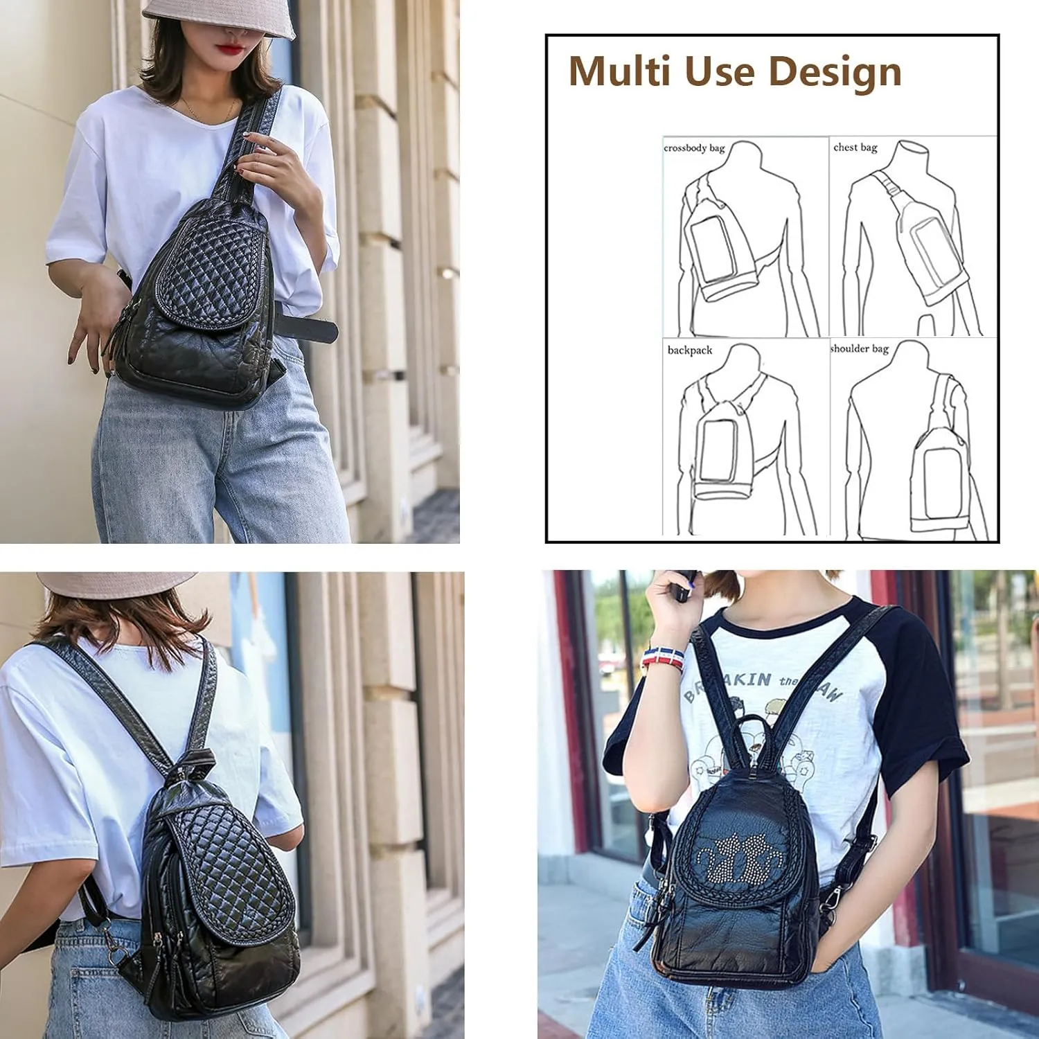Mini Backpack for Women, Small Backpacks women's Soft Washed PU Leather Backpacks Purse Ladies Travel Black Rucksack Handbags Bags with Multiple Zipper Pockets