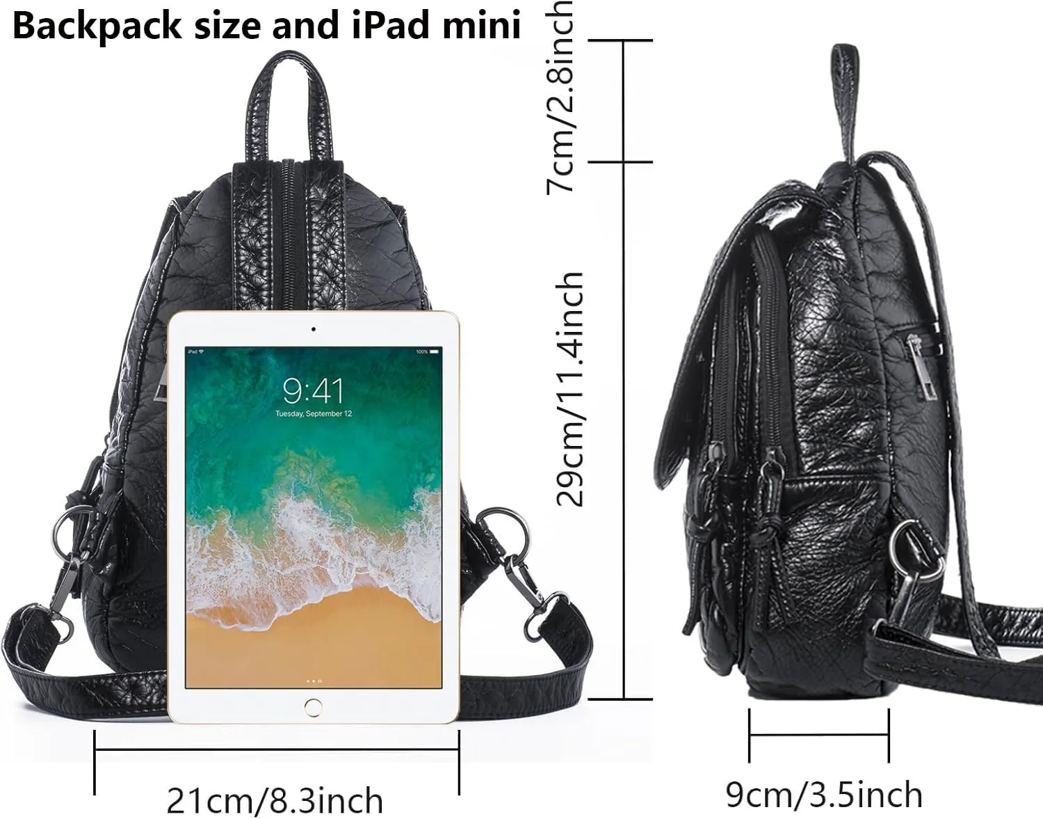 Mini Backpack for Women, Small Backpacks women's Soft Washed PU Leather Backpacks Purse Ladies Travel Black Rucksack Handbags Bags with Multiple Zipper Pockets