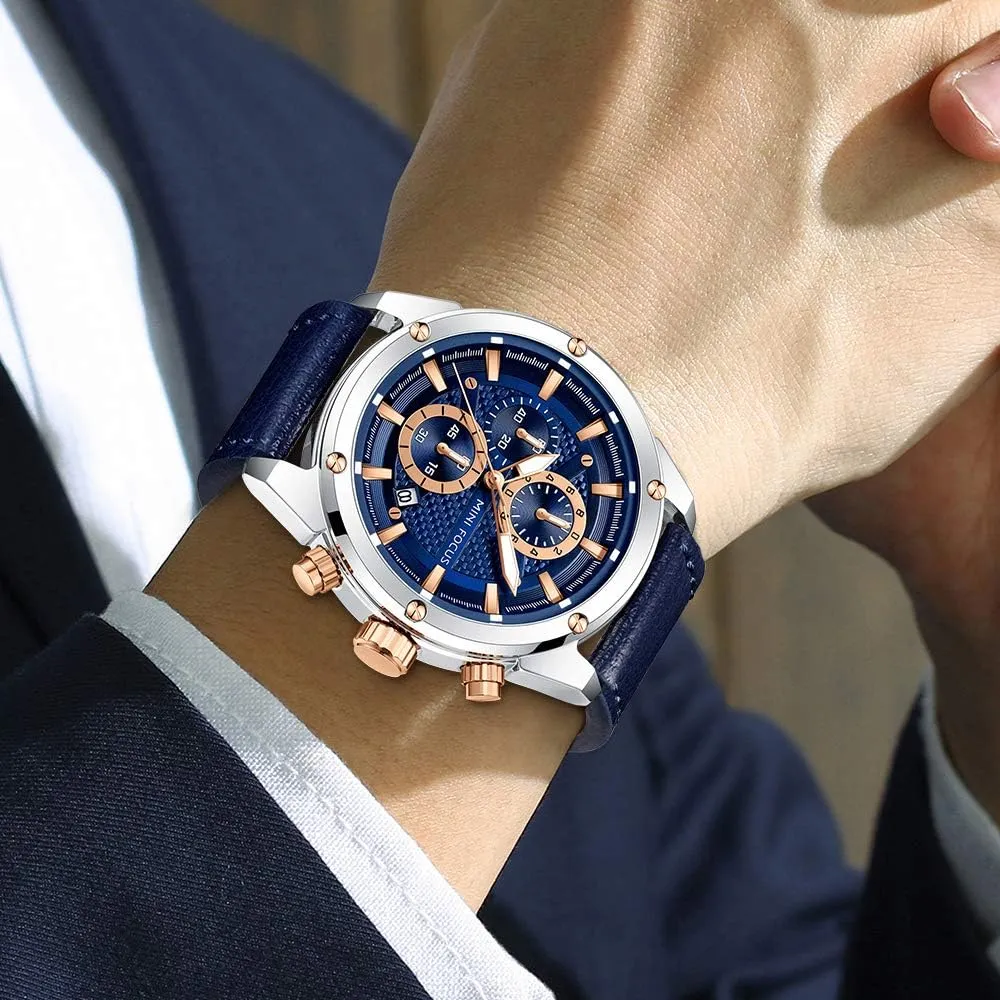 Mini Focus Men Watches Business Casual Wrist Watches (Multifunction/Waterproof/Luminous/Calendar) Genuine Leather Band Fashion Watch for Men