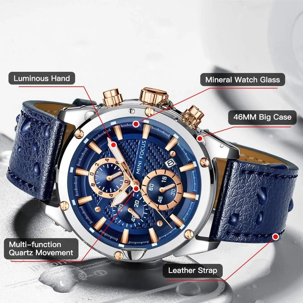 Mini Focus Men Watches Business Casual Wrist Watches (Multifunction/Waterproof/Luminous/Calendar) Genuine Leather Band Fashion Watch for Men