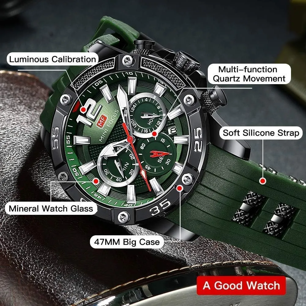 Mini Focus Men Watches Unique Casual Wrist Watches (Chronograph/Waterproof/Luminous/Calendar/24 Hours) Silicon Band Fashion Watches for Men