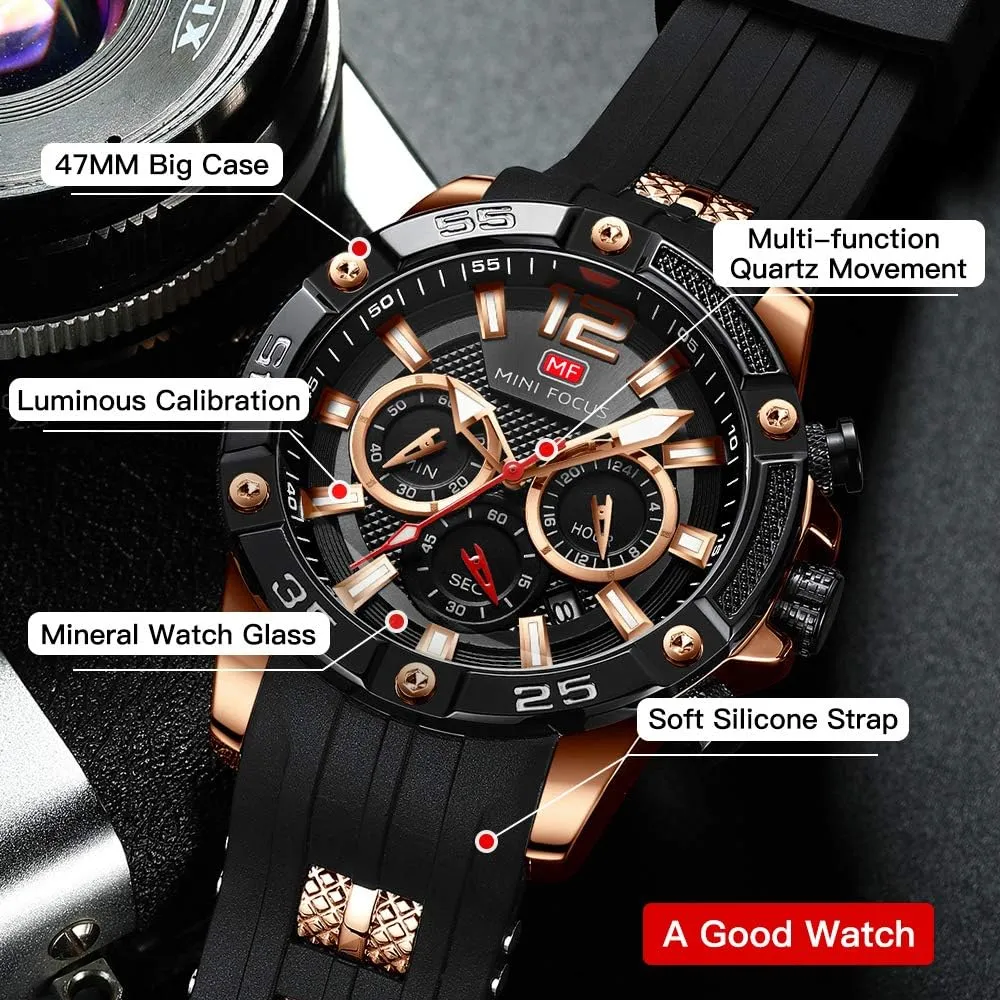 Mini Focus Men Watches Unique Casual Wrist Watches (Chronograph/Waterproof/Luminous/Calendar/24 Hours) Silicon Band Fashion Watches for Men