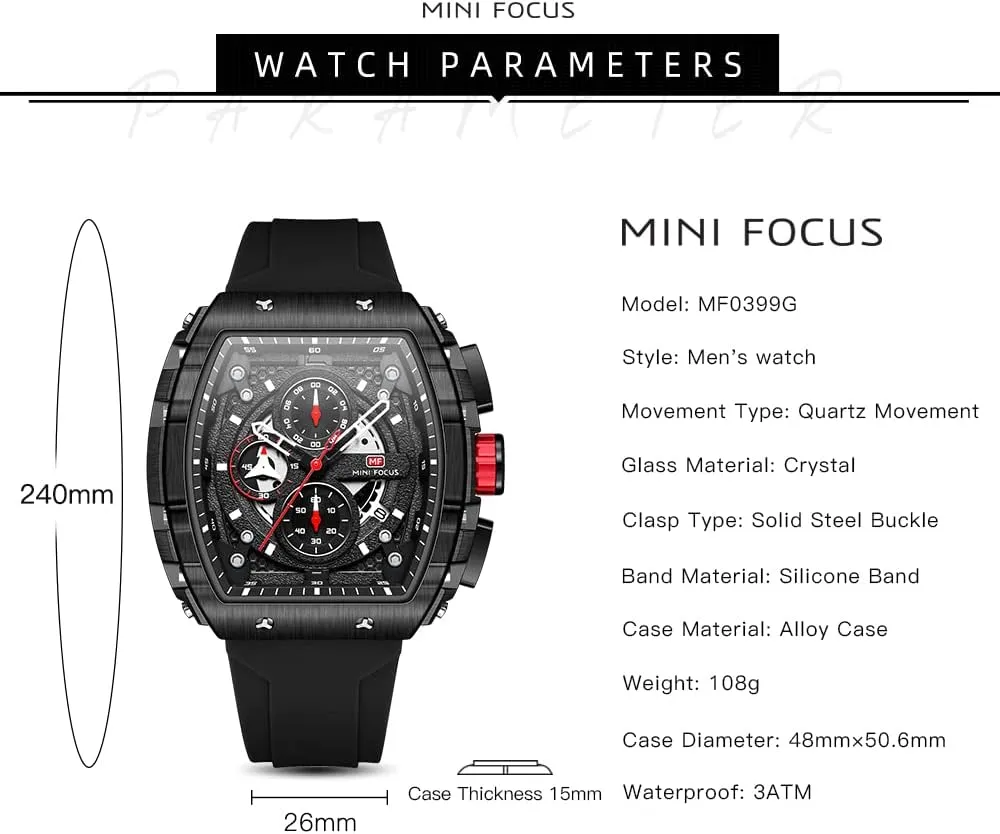 Mini Focus Mens Watches 3ATM Waterproof Chronograph Movement Watches with Silicon Strap Gifts for Men