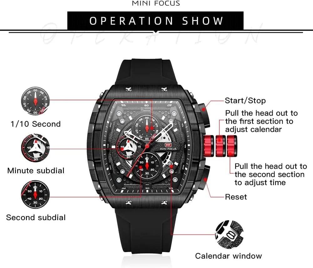 Mini Focus Mens Watches 3ATM Waterproof Chronograph Movement Watches with Silicon Strap Gifts for Men