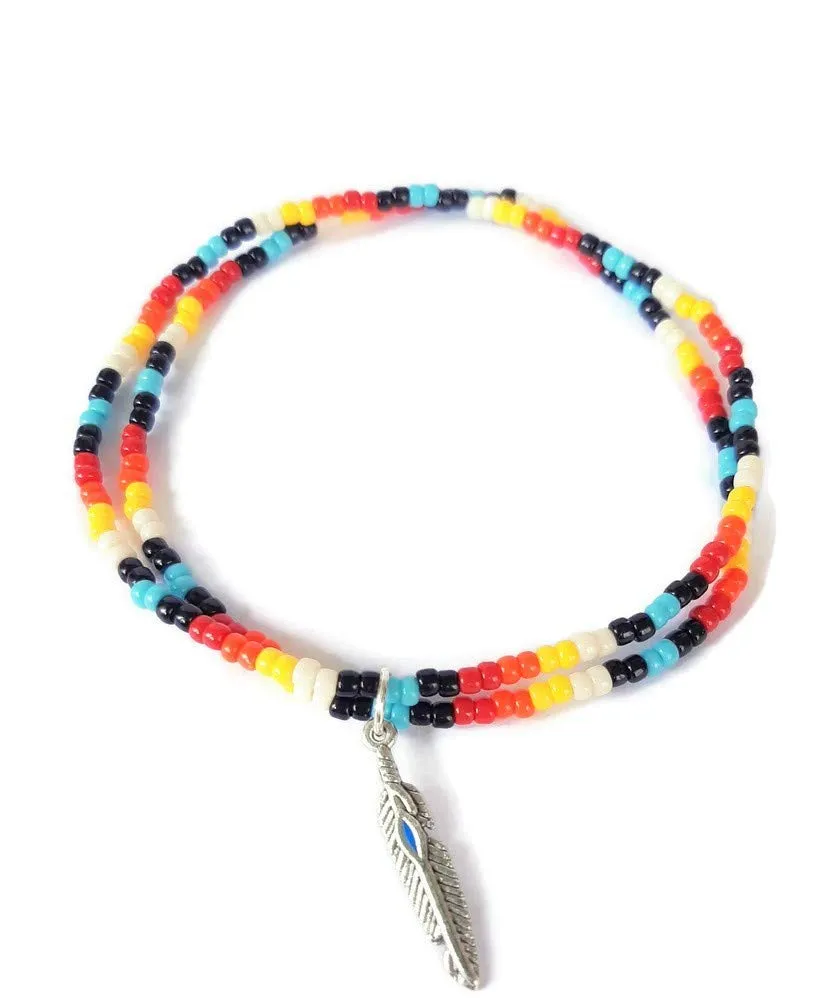 Minimalist Beaded Native American Style Stretch Charm Double Anklet with Feather Charm. 9 INCHES.