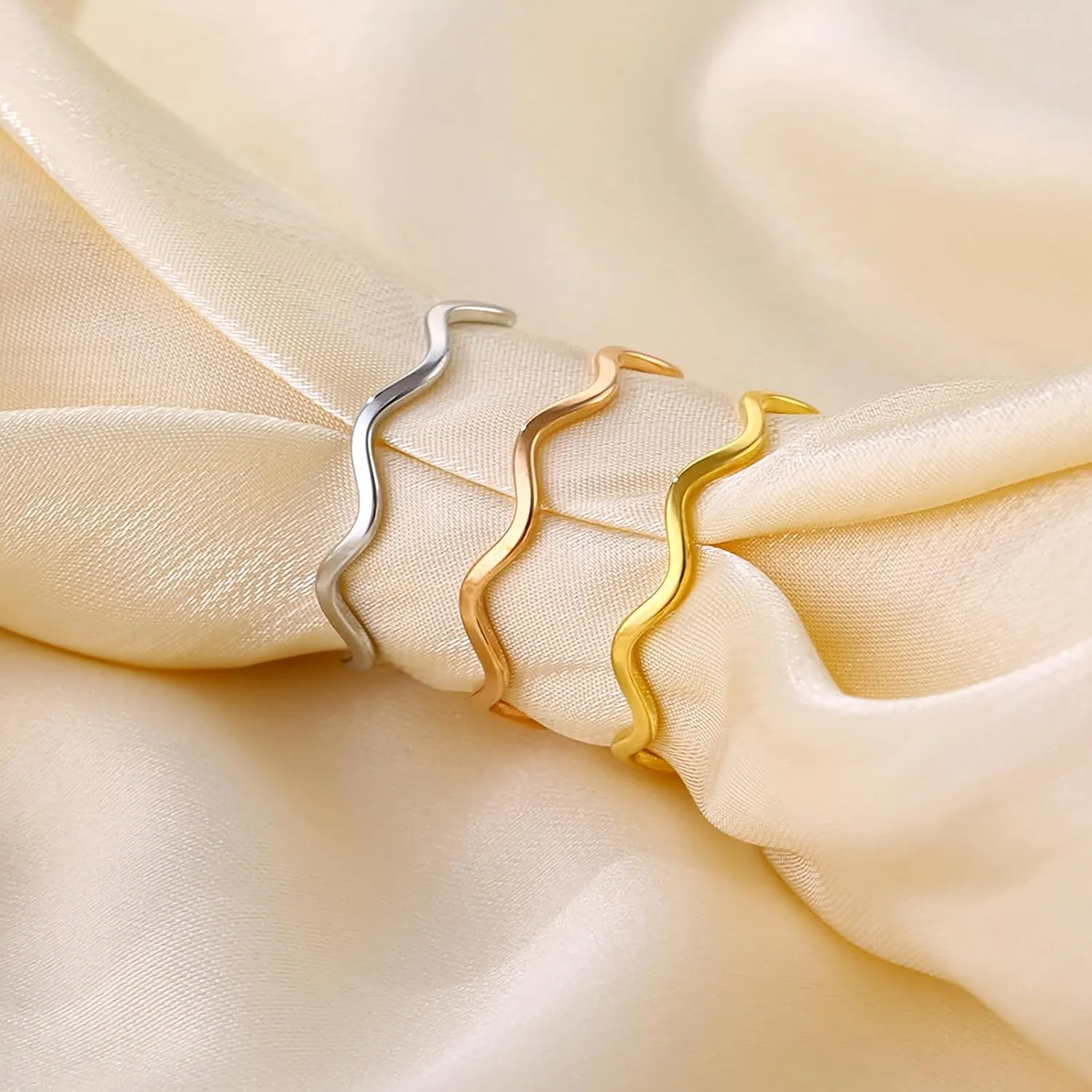 Minimalist Sea Wave Ring Gold, Silver, Rose Gold Stainless Steel Ring Size 5-10 Polished Ring Delicate Everyday Stackable Rings for Women