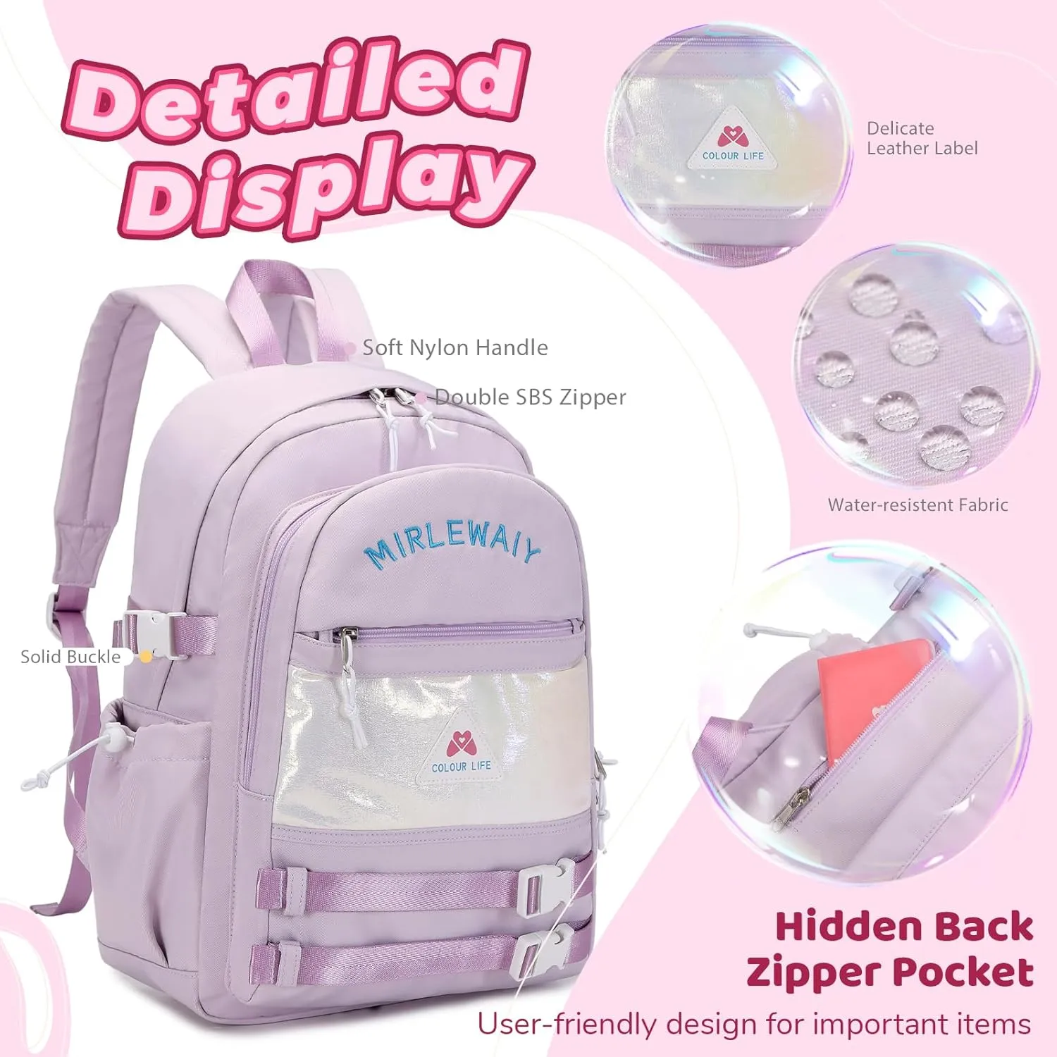 MIRLEWAIY Backpack For School Girls Travel work Bookbag Daypack 16inch Water-resistent Casual Bags, Purple