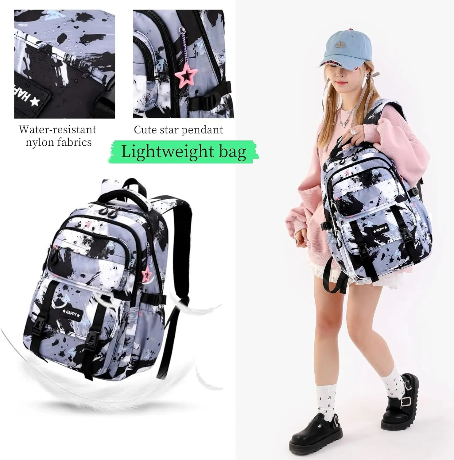 MITOWERMI Backpack for Girls Kids Backpacks with Lunch Box Elementary Middle High School Backpacks Students Bookbag Set School Bags for Teens Girls (Sky Blue)