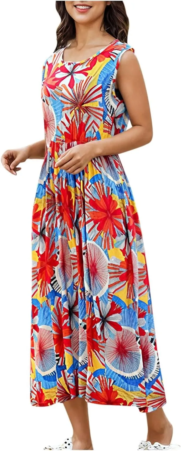 Mommy and Me Family Matching Dresses Summer Floral Print Dress Ruffle A-Line Flowy Beach Sundresses Sleeveless Dress