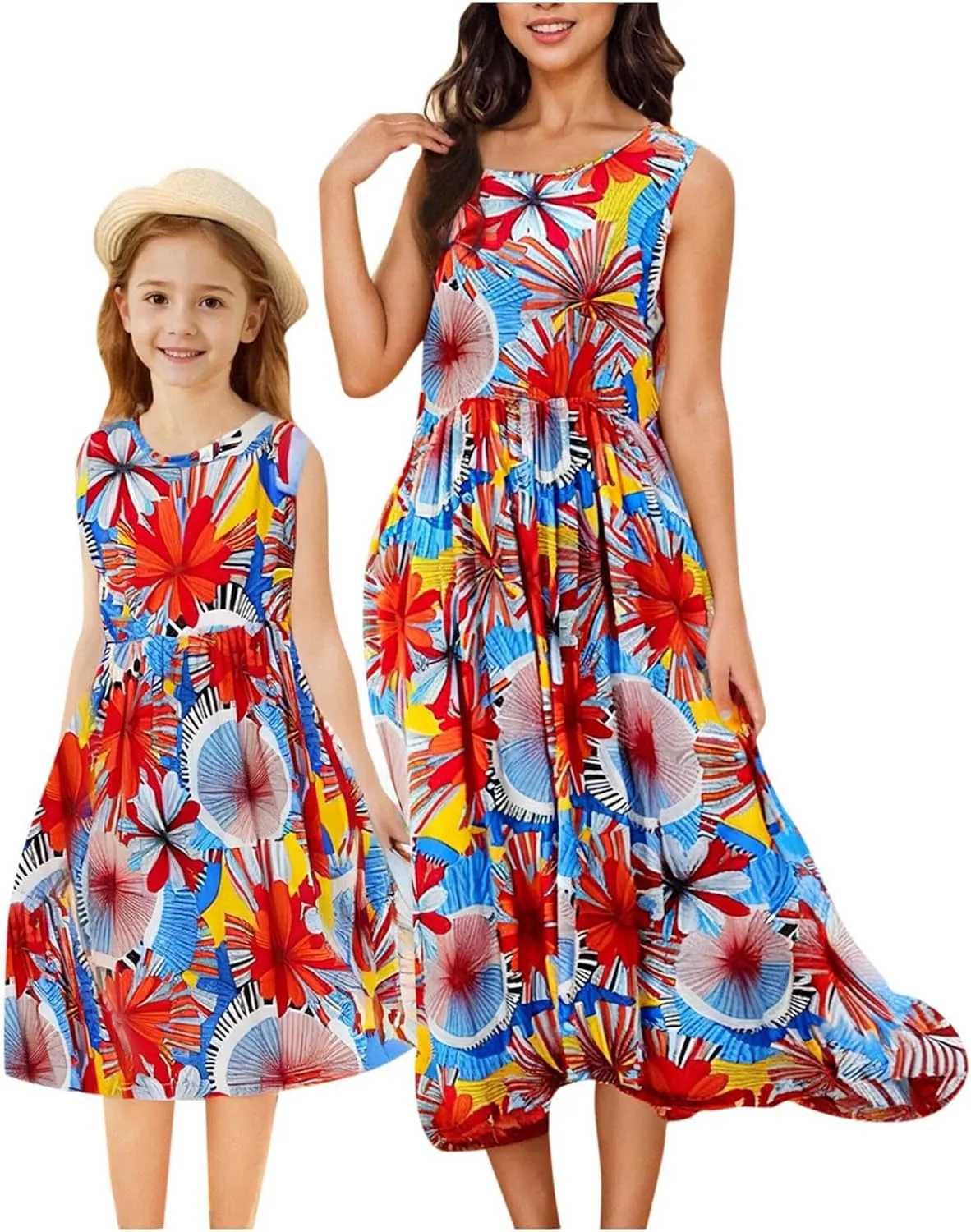 Mommy and Me Family Matching Dresses Summer Floral Print Dress Ruffle A-Line Flowy Beach Sundresses Sleeveless Dress