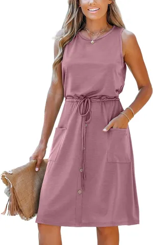 Moss Rose Women Summer Dresses Sleeveless Casual Loose Swing Midi Dress with Pockets