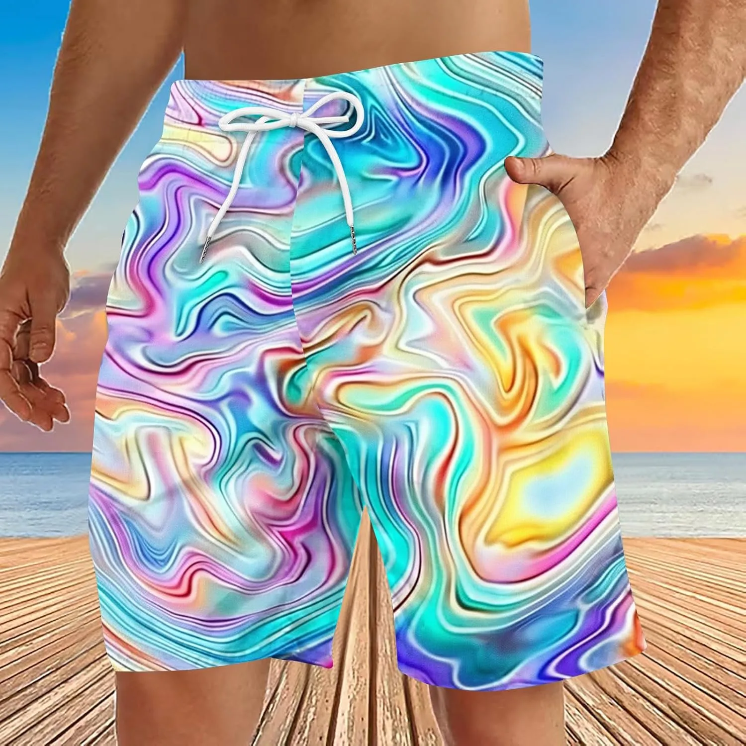 Muscularfit Beach Shorts for Men Fashion Tie Dye Print Shorts Summer Beach Vacation Drawstring Shorts with Pockets