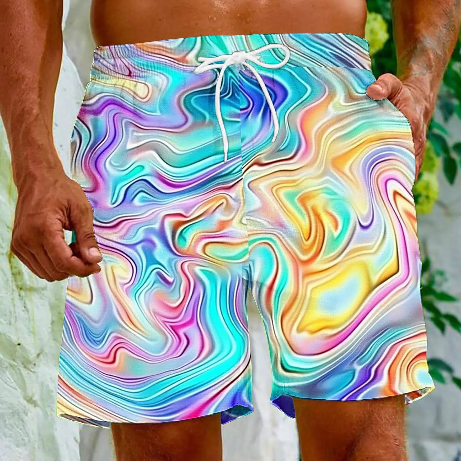 Muscularfit Beach Shorts for Men Fashion Tie Dye Print Shorts Summer Beach Vacation Drawstring Shorts with Pockets