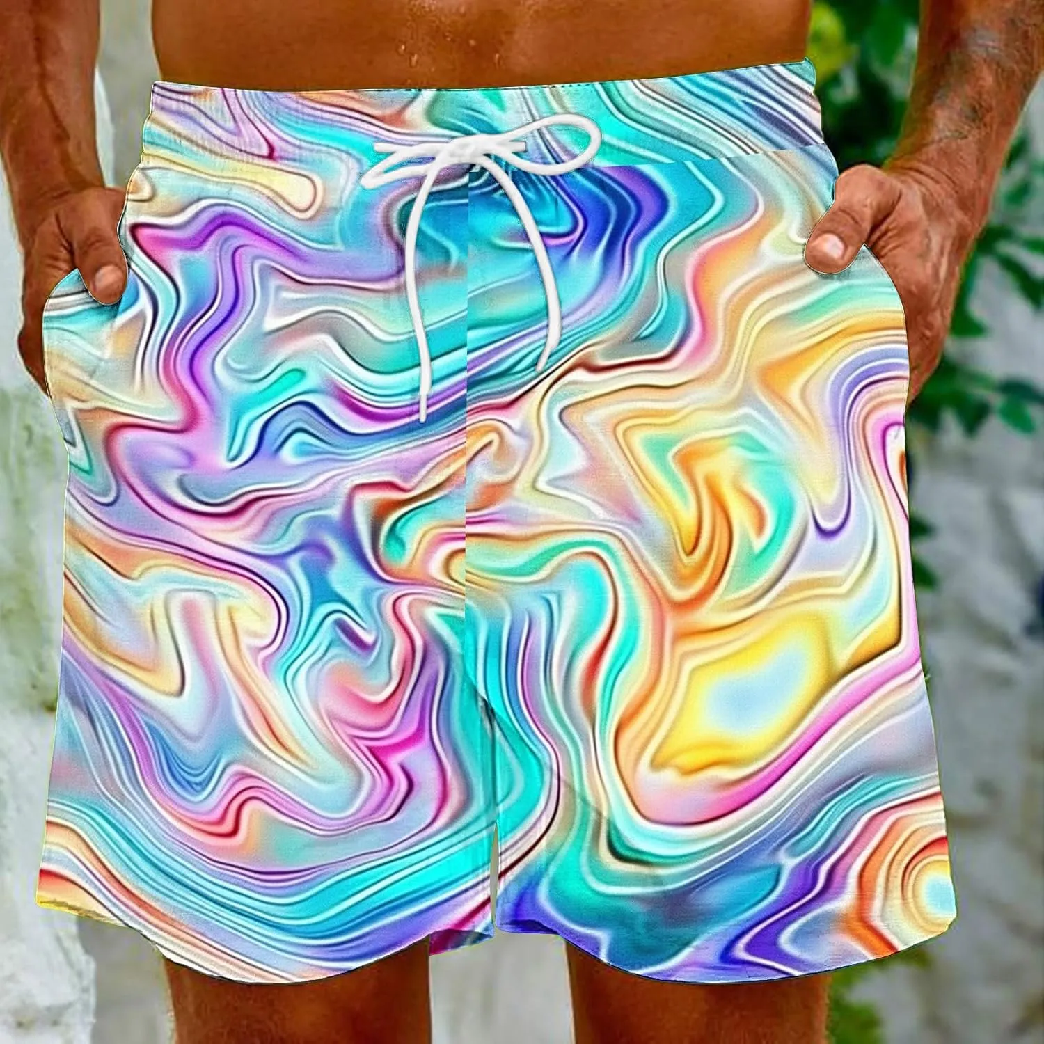 Muscularfit Beach Shorts for Men Fashion Tie Dye Print Shorts Summer Beach Vacation Drawstring Shorts with Pockets