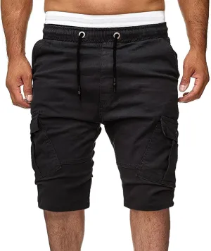 Muscularfit Cotton Shorts Men 2023 Slim Fit Drawstring Elastic Waist Multi Pockets Cargo Shorts Outdoor Solid Tooling Shorts