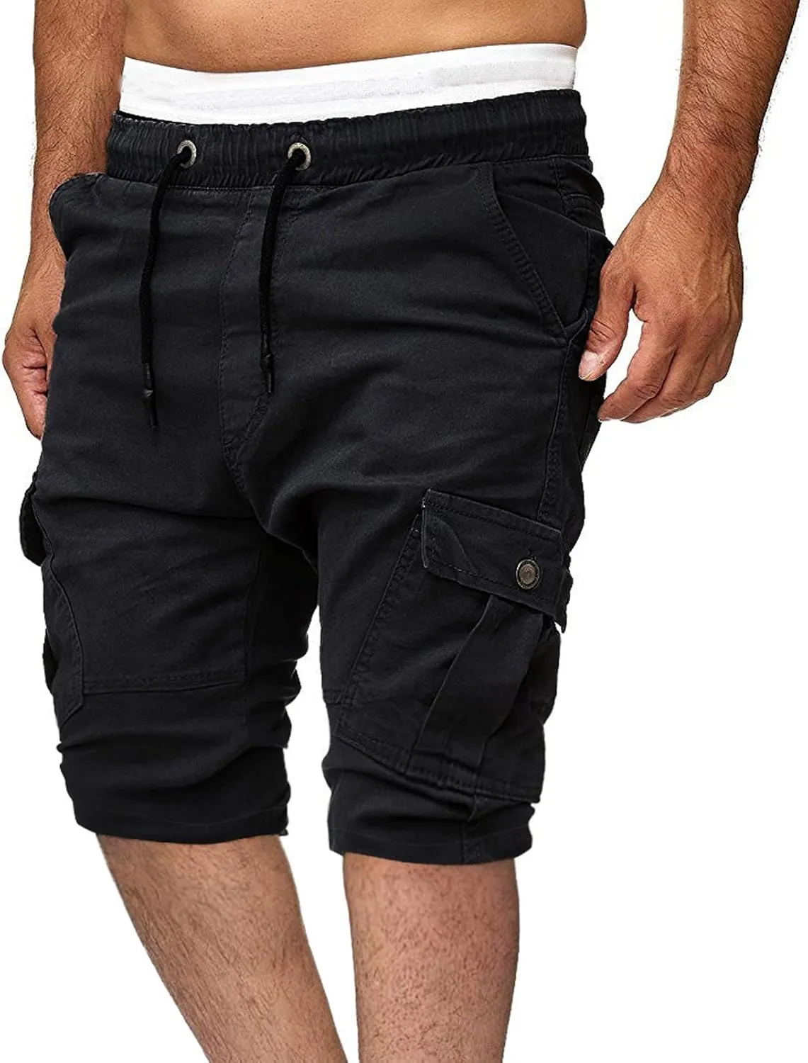 Muscularfit Cotton Shorts Men 2023 Slim Fit Drawstring Elastic Waist Multi Pockets Cargo Shorts Outdoor Solid Tooling Shorts