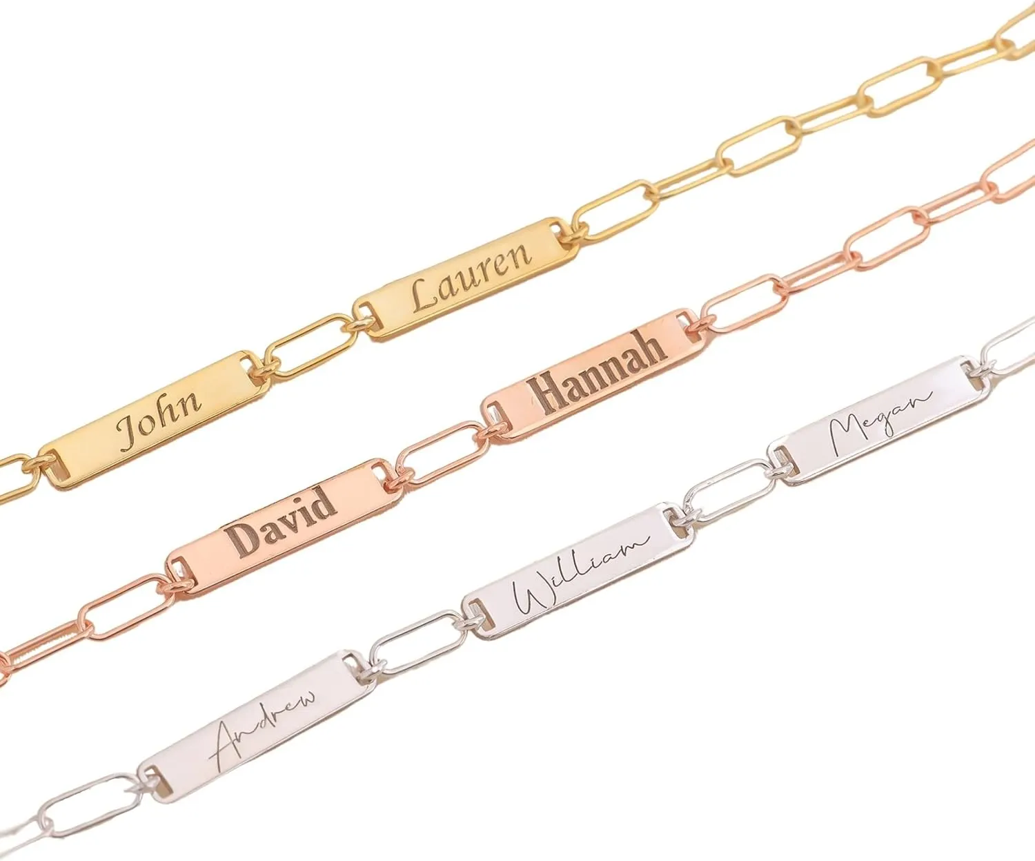 Name Bar Bracelet Gold Plated 925 Sterling Silver Personalized Multiple Bars, 1-4 Name Engraved Bars with Paperclip Chain, Family Name Jewelry Gift for Mom Mother Friend Couples Birthday