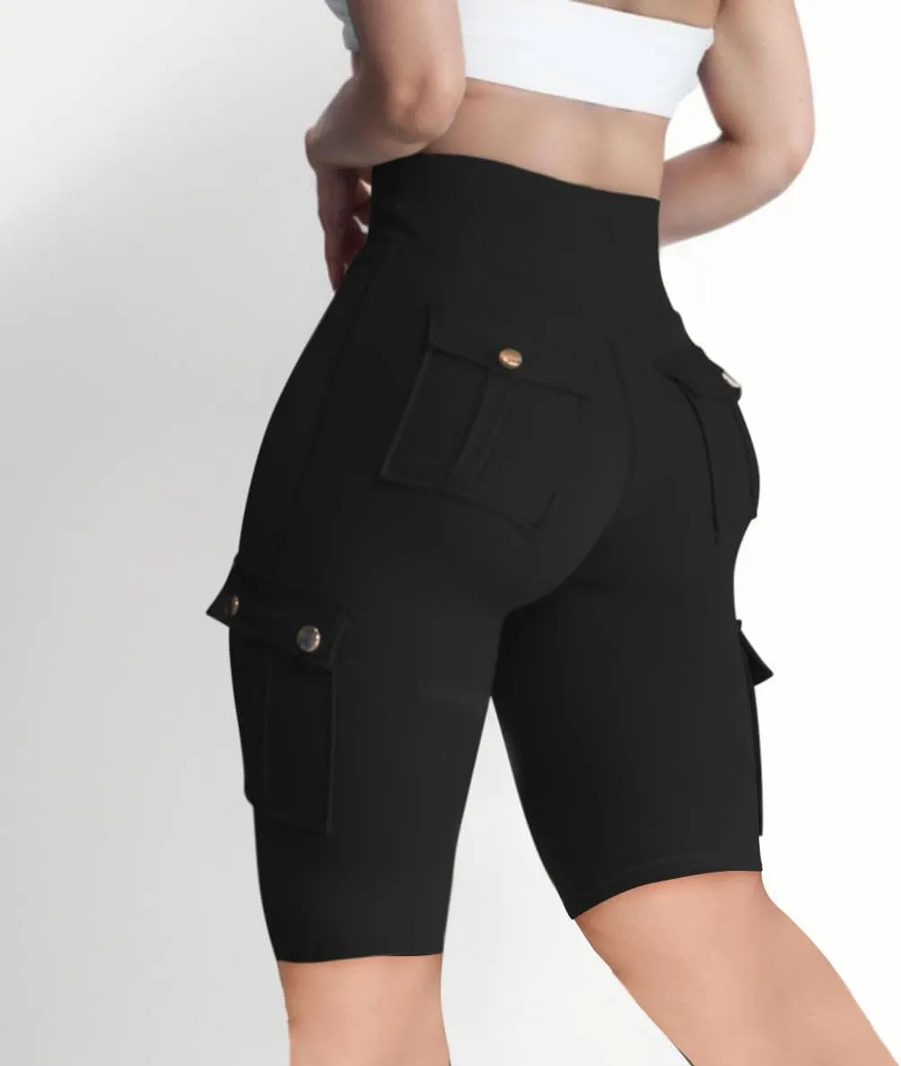 NaRHbrg Womens Workout Shorts Butt Lifting Yoga Running Biker Leggings with Pockets High Waisted Booty Cargo Shorts