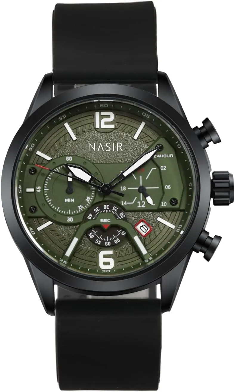 Nasir Mens Watches Military Sport Silicone Strap Stylish Luminous Chronograph Watch for Men Waterproof Army Tactical Casual Wristwatch