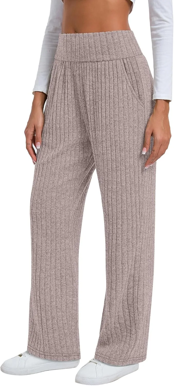 Neer Women's High Waist Wide Leg Lounge Pants Ribbed Knit Loose Trousers Flowy Comfy Thick Sweatpants with Pockets