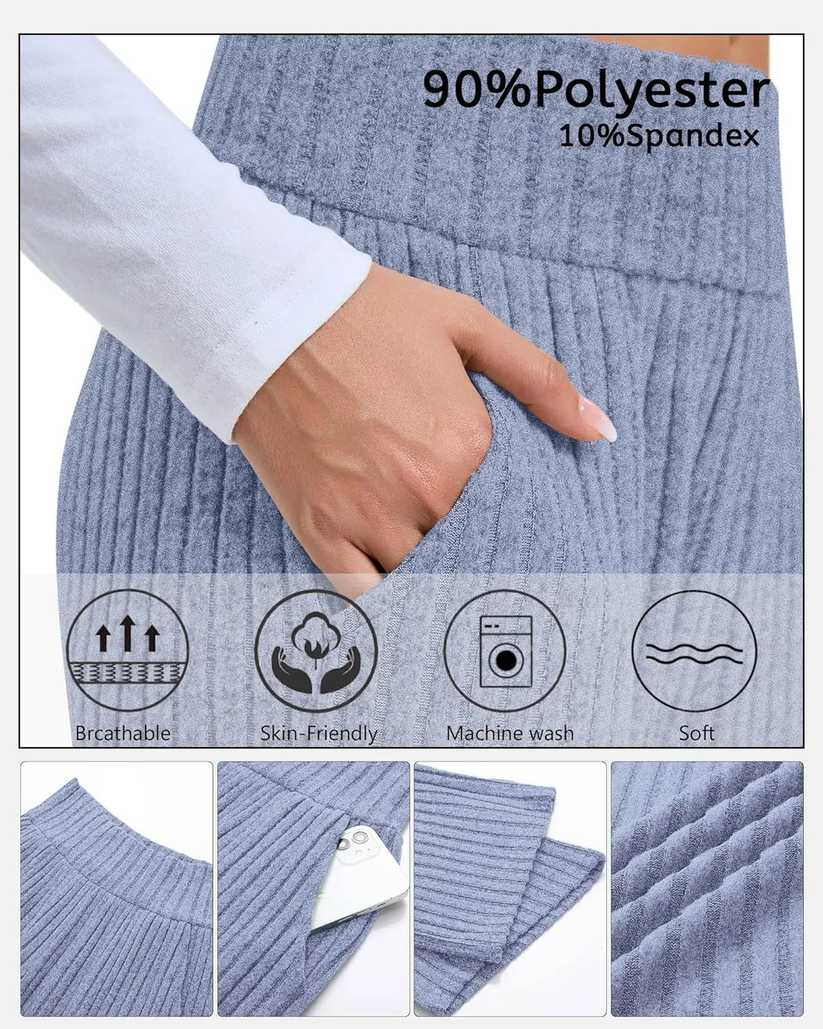 Neer Women's High Waist Wide Leg Lounge Pants Ribbed Knit Loose Trousers Flowy Comfy Thick Sweatpants with Pockets