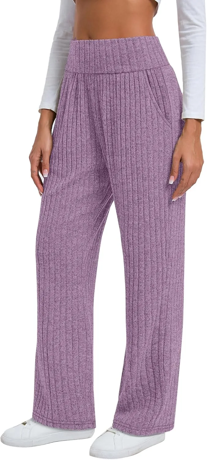 Neer Women's High Waist Wide Leg Lounge Pants Ribbed Knit Loose Trousers Flowy Comfy Thick Sweatpants with Pockets