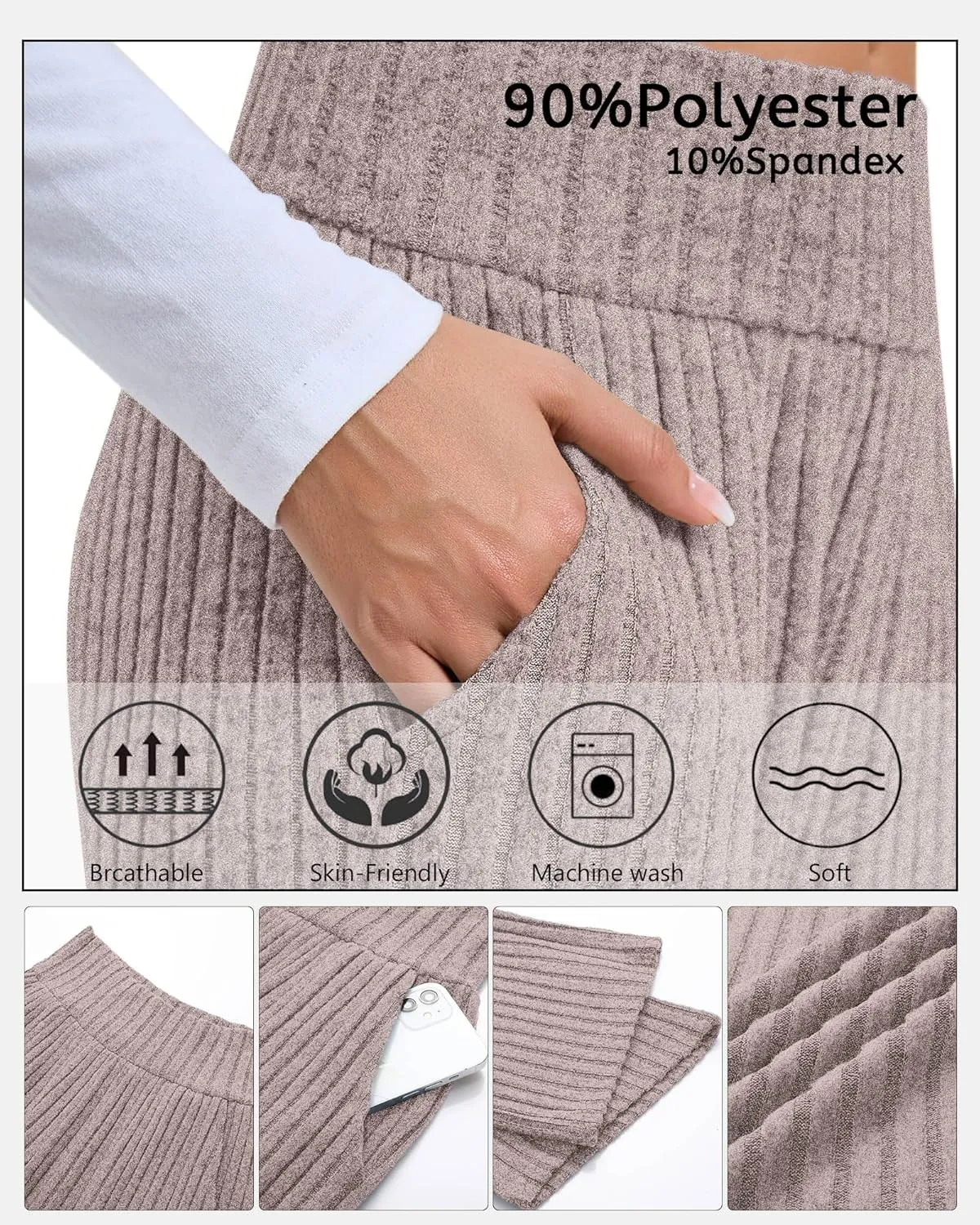 Neer Women's High Waist Wide Leg Lounge Pants Ribbed Knit Loose Trousers Flowy Comfy Thick Sweatpants with Pockets