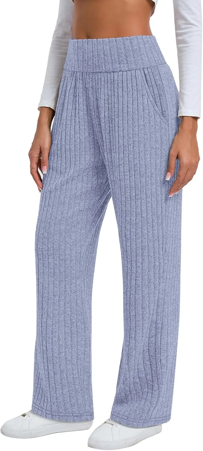 Neer Women's High Waist Wide Leg Lounge Pants Ribbed Knit Loose Trousers Flowy Comfy Thick Sweatpants with Pockets