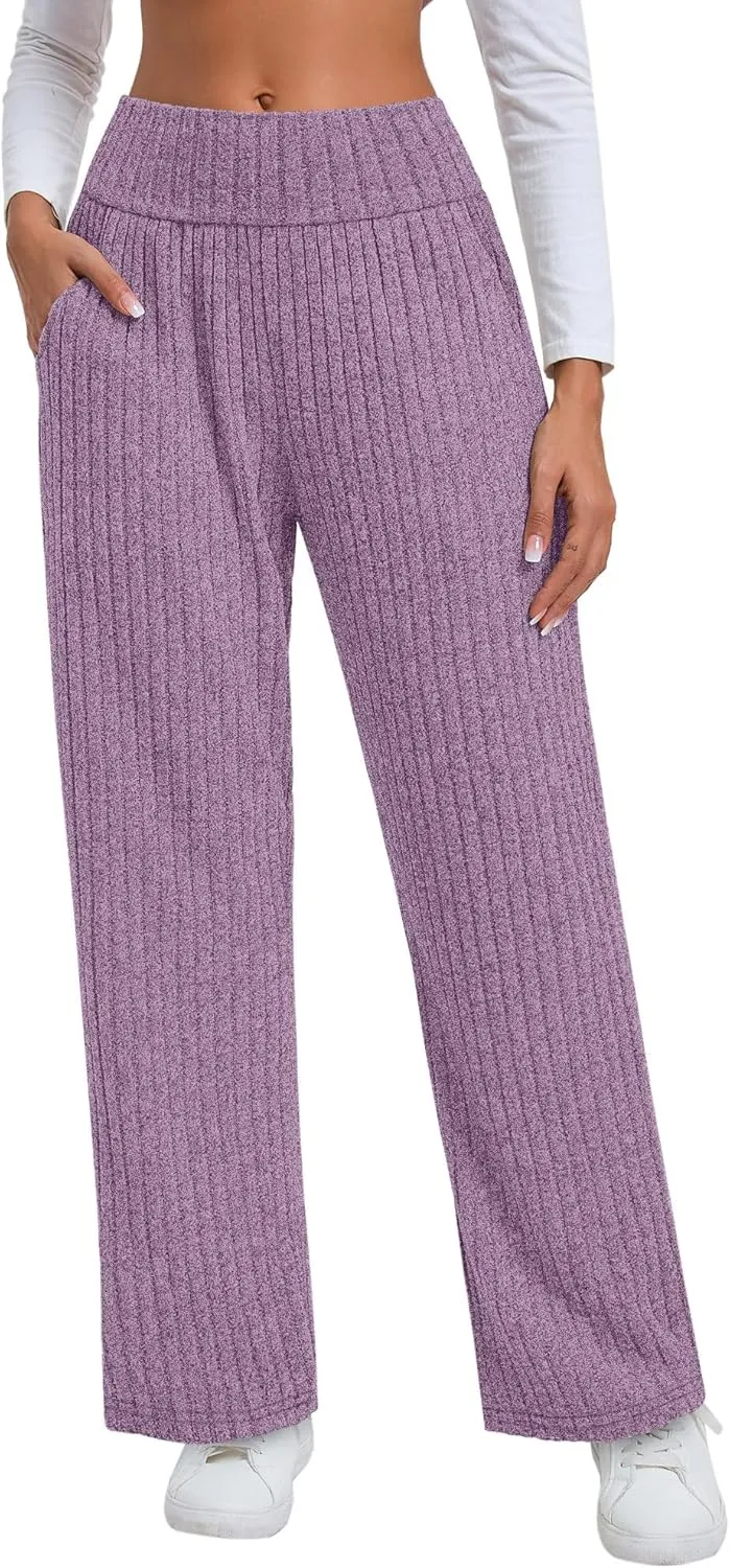 Neer Women's High Waist Wide Leg Lounge Pants Ribbed Knit Loose Trousers Flowy Comfy Thick Sweatpants with Pockets