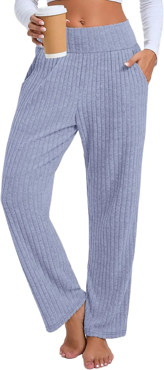Neer Women's High Waist Wide Leg Lounge Pants Ribbed Knit Loose Trousers Flowy Comfy Thick Sweatpants with Pockets